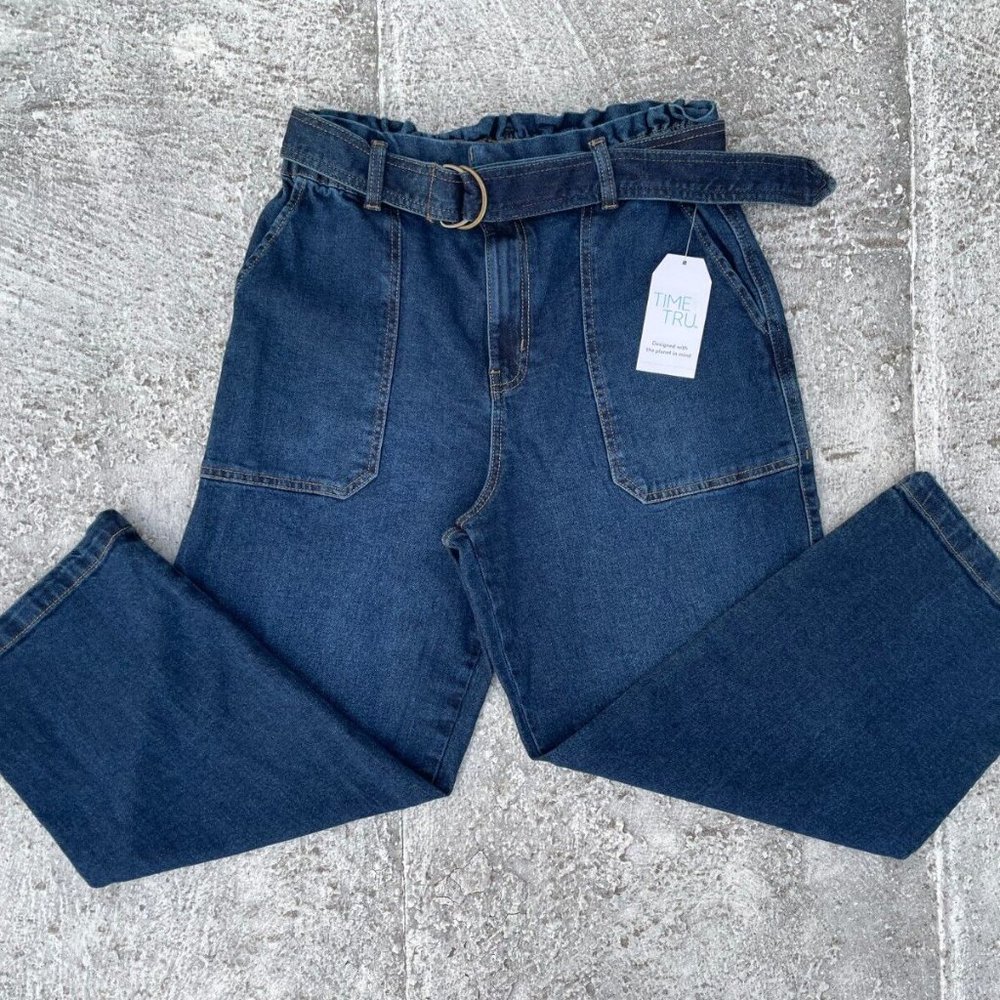 Time and Tru Women Jeans Blue Cotton Denim Wide Legs Jeans With Belt Size 12